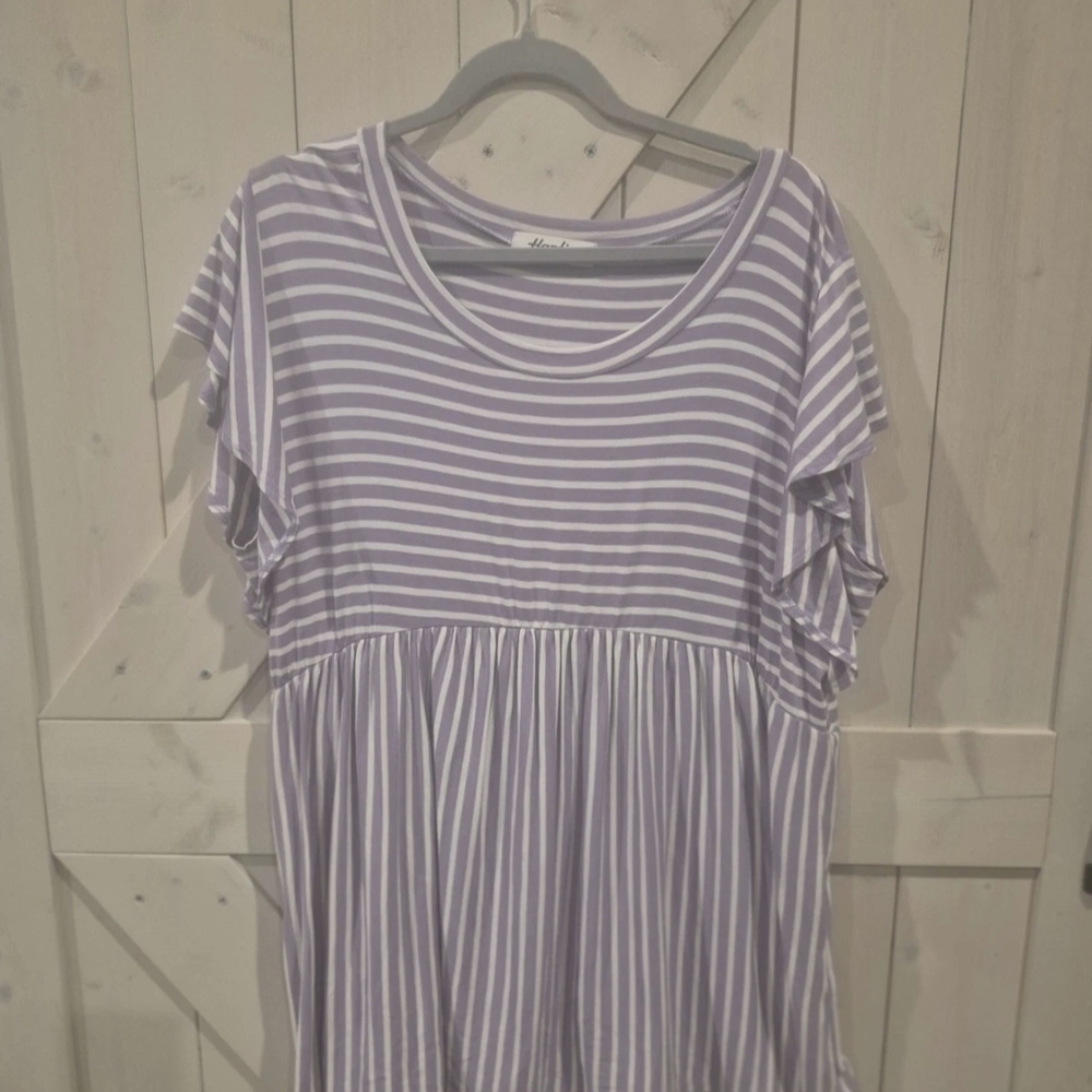 Haptics 1x Babydoll Top With Flutter Sleeves, Purple And White Stripes